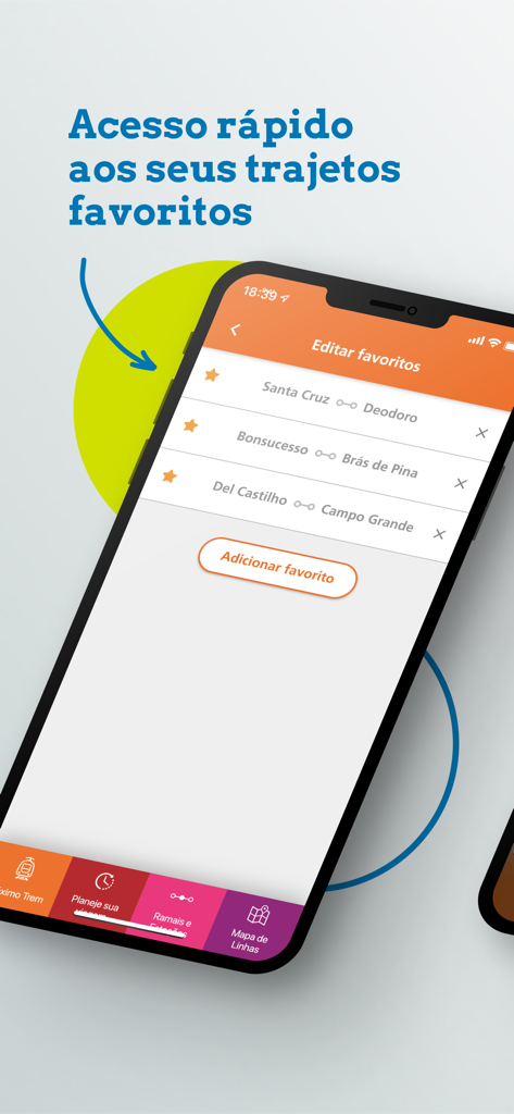 Mobile app interface of SuperVia showing the favorite routes screen with options to add and edit train journeys in Rio de Janeiro