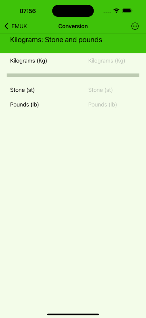 Pantalla de conversión de peso de la aplicación EMUk para kilogramos, stones y libras