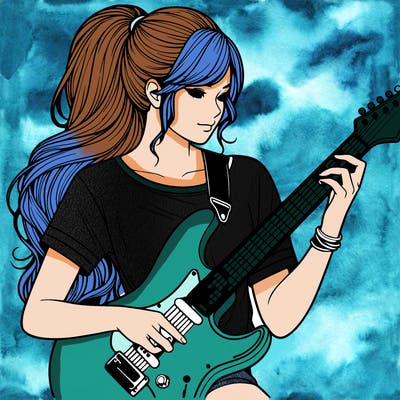 realistic girl with a long ponytail using a electric guitar