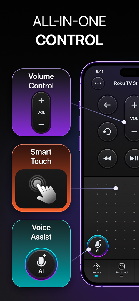 Universal TV remote app interface showing volume control smart touch and voice assist options