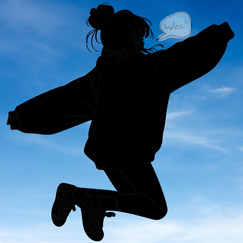 realistic girl jumping with a bun and oversized sweatshirt