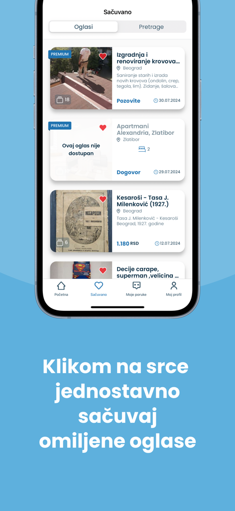 Pantalla de smartphone que muestra la sección de anuncios guardados de la aplicación Halo Oglasi con anuncios de servicios y bienes raíces.