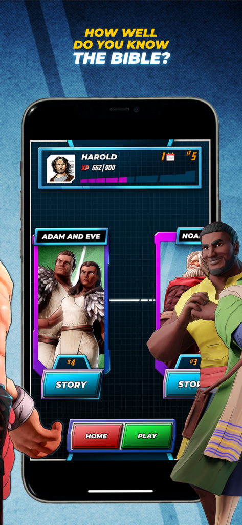 Mobile app interface for Bible Trivia Game Heroes showing Adam and Eve and Noah character cards