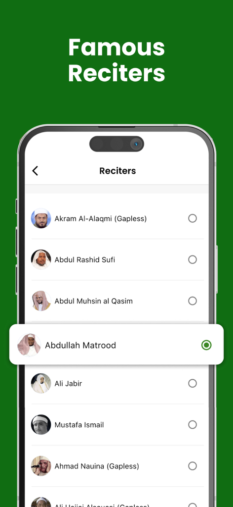 Quran 360: AlQuran English - A mobile screen showing a selection of famous Quran reciters including Abdullah Matrood and Abdul Rashid Sufi
