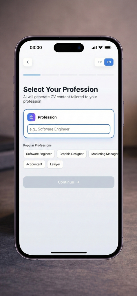 Una interfaz móvil para la aplicación CV Maker AI donde los usuarios pueden seleccionar o escribir su profesión para generar contenido de currículum personalizado.
