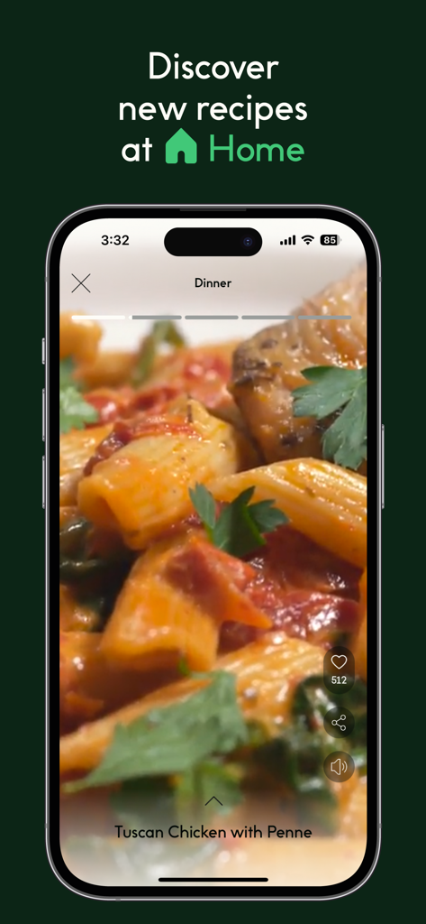CHEF iQ - CHEF iQアプリでトスカーナ風チキンパスタのビデオレシピを表示するスマートフォン