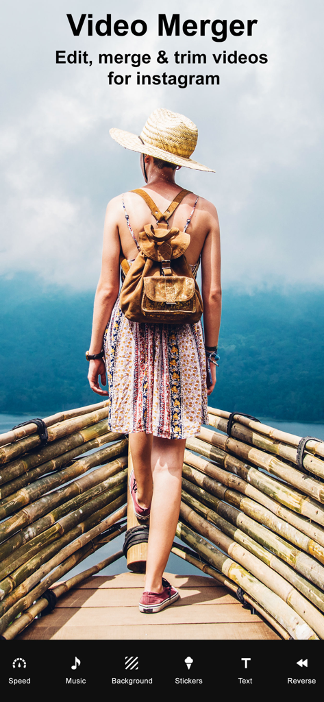 A woman stands on a bamboo pier overlooking a misty lake within the Video Merger Pro app interface showing video editing tools
