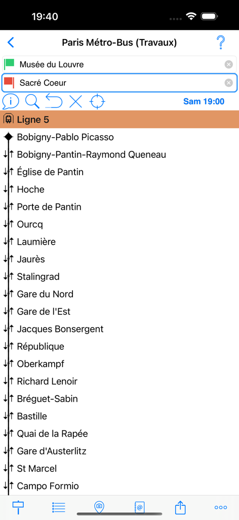 Una lista de estaciones en la Línea 5 del Metro de París mostrada en la app MetrO.