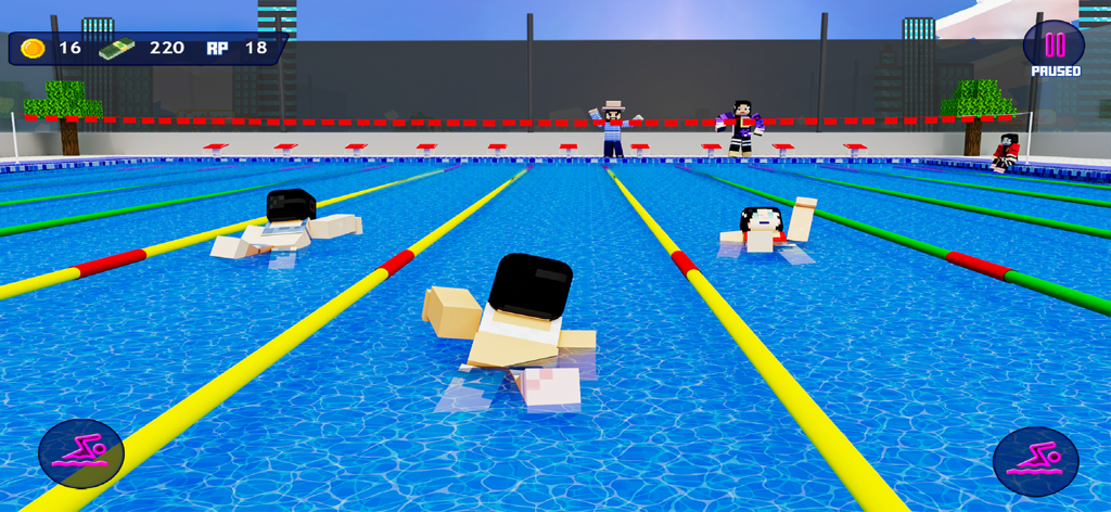 Block Party Fun World - Pixelated characters competing in a swimming race in a large outdoor pool with lane dividers.