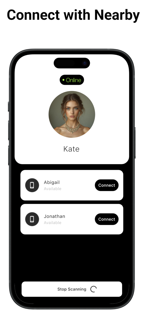Near: P2P Social Network - Una pantalla de smartphone que muestra la interfaz de descubrimiento de la aplicación Near con un perfil de usuario y una lista de personas cercanas disponibles para conexión.