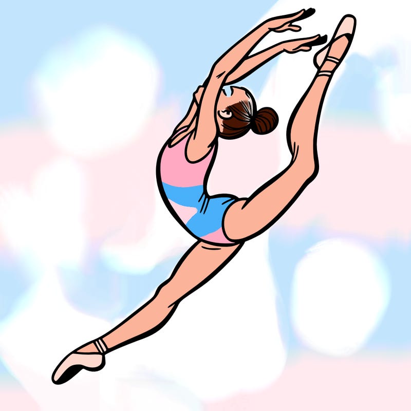 gymnast doing a leap in a leotard with a bent back leg