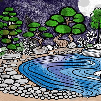 a serene zen garden with raked gravel, bonsai trees, and tranquil ponds