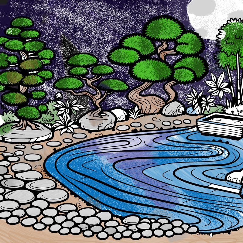a serene zen garden with raked gravel, bonsai trees, and tranquil ponds