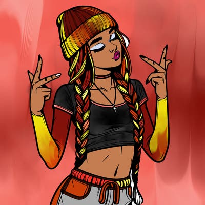 realistic teenage girl with braids and a beanie and crop top doing 🫶🏼