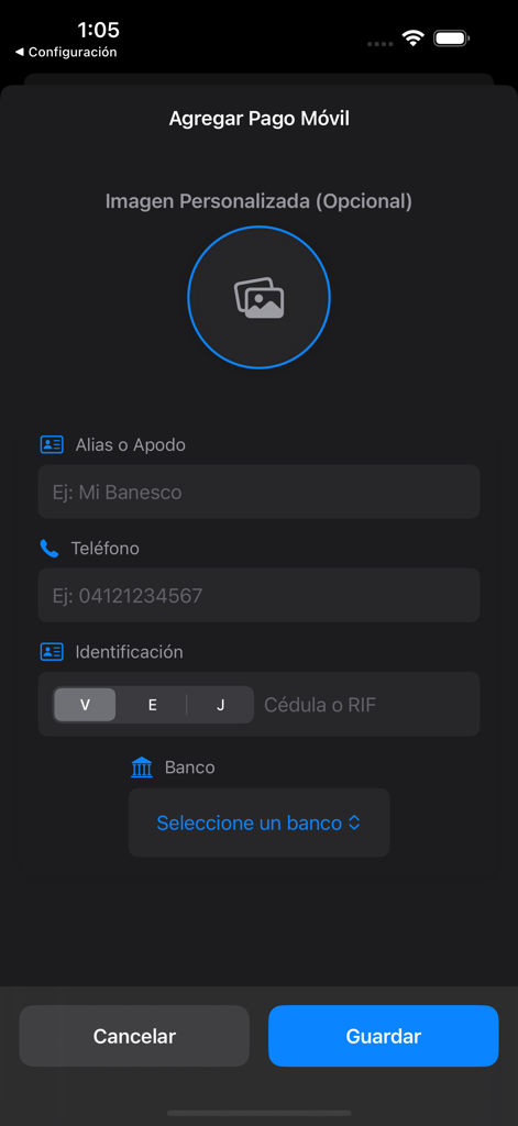 Dolar Al Dia Venezuela - Formular zum Hinzufügen von Pago Movil-Bankdaten in der App Dolar Al Dia