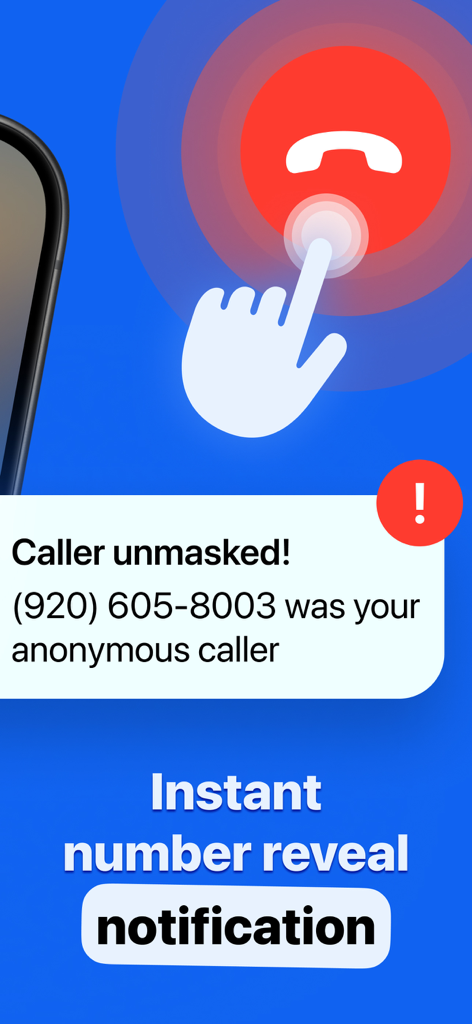 Reveal No Caller ID – MaskOff - A notification on a blue background showing a revealed anonymous caller phone number with the text instant number reveal notification