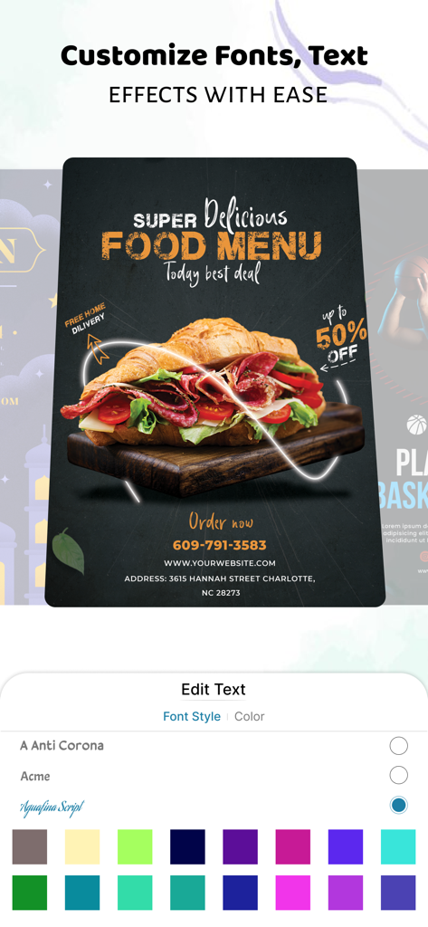 User interface of Kriadl app showing font and color editing for a food menu flyer