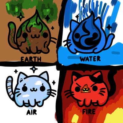 4 cats that represent the different elements, earth, water, air, and fire