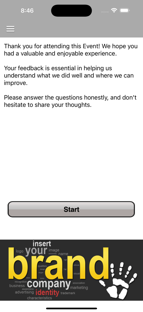 iSURVEY - Offline Survey Forms - iSURVEY app screenshot showing an event feedback survey start screen with custom branding options
