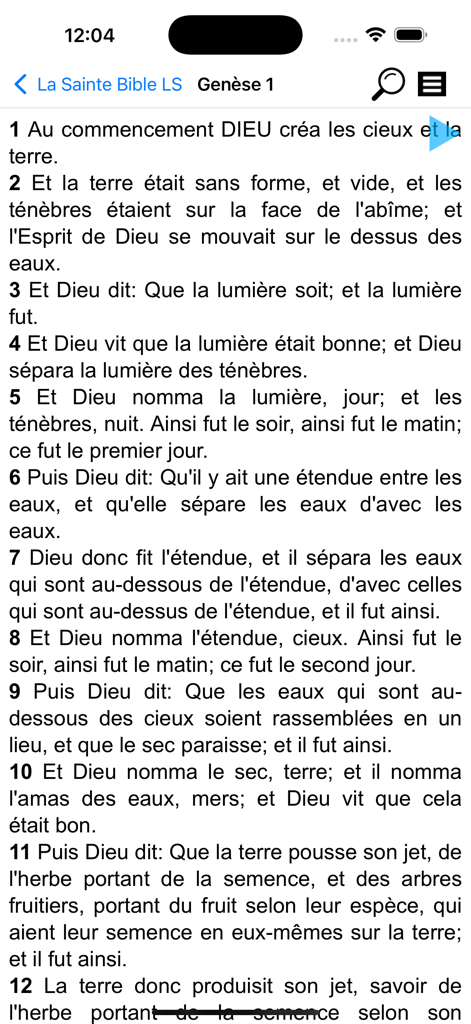 La Sainte Bible LS - Capture d'écran de l'application La Sainte Bible LS affichant le chapitre un de la Genèse en français