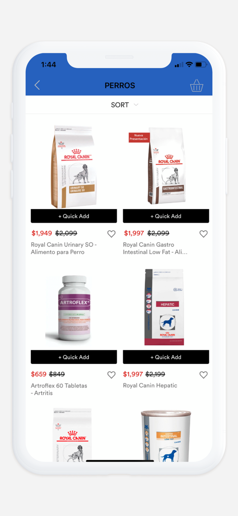 Veterinarias Mister Mascotas - Mobile app screen showing a catalog of dog food and veterinary supplements