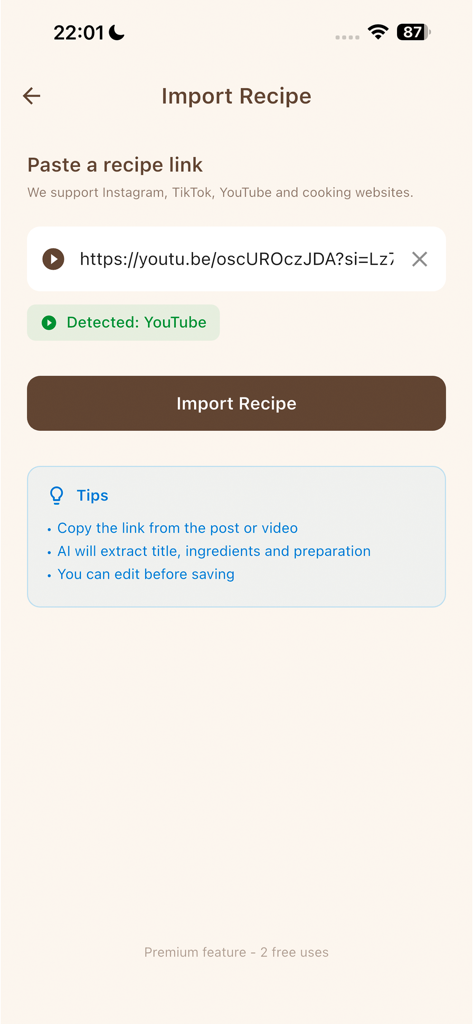 My Recipe Notebook - Import recipe screen where a user can paste a YouTube link to automatically extract ingredients and preparation steps using AI.