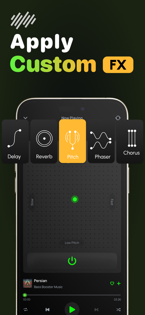 Smartphone screen showing the custom audio effects interface with options for pitch reverb and delay in the Bass Booster app