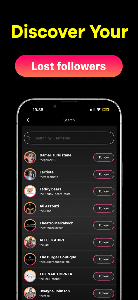 Interface de l'application mobile affichant une liste des abonnés perdus sur Instagram