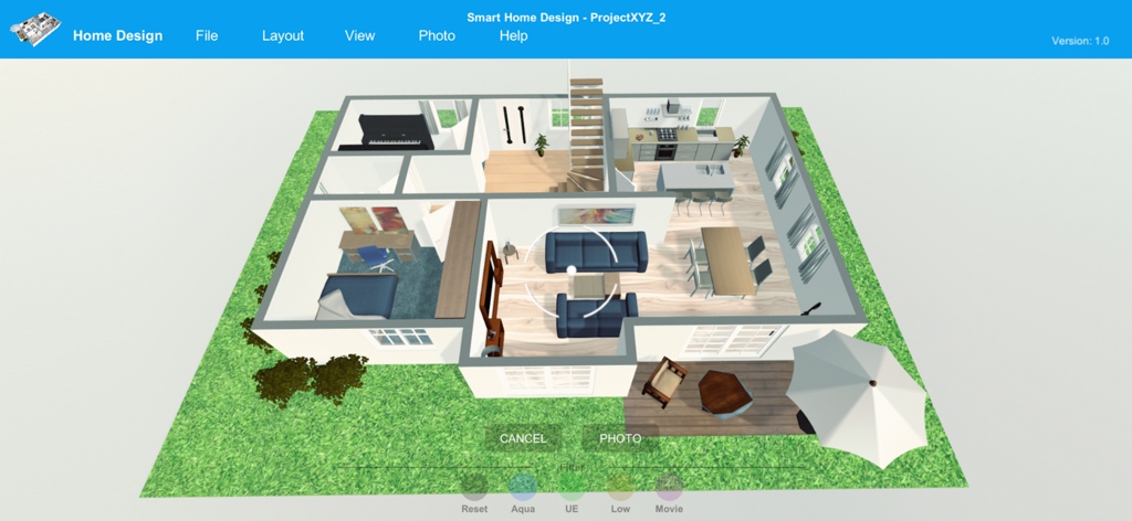 Una vista in anteprima della planimetria 3D di una casa arredata con più stanze e un giardino nell'app Smart Home Design 3D