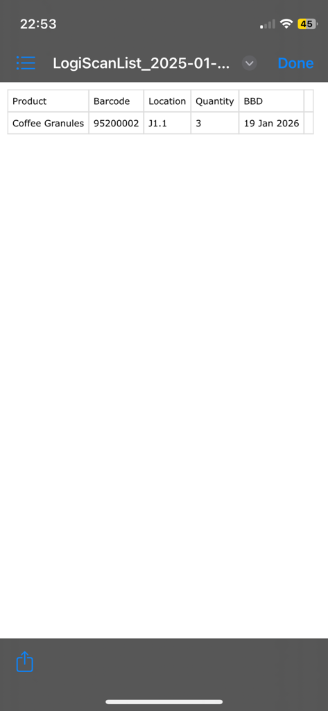 LogiScan - LogiScan 앱 인터페이스가 바코드 및 위치 세부 정보가 포함된 스캔된 제품 목록을 표시함