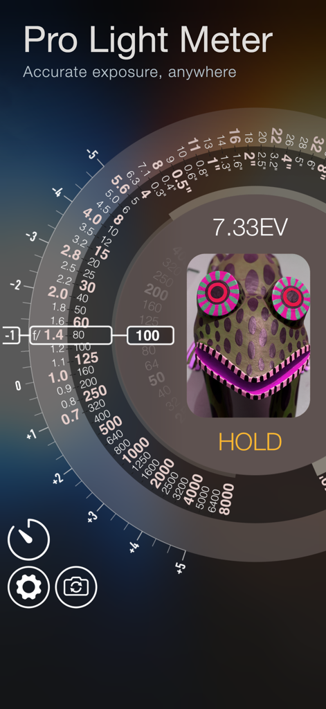 Light Meter Wheel app interface showing the manual exposure dial and EV reading
