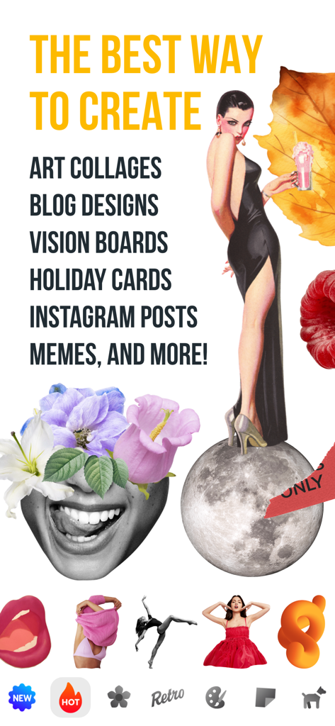 Surreal collage art design interface with vintage style stickers for social media creation