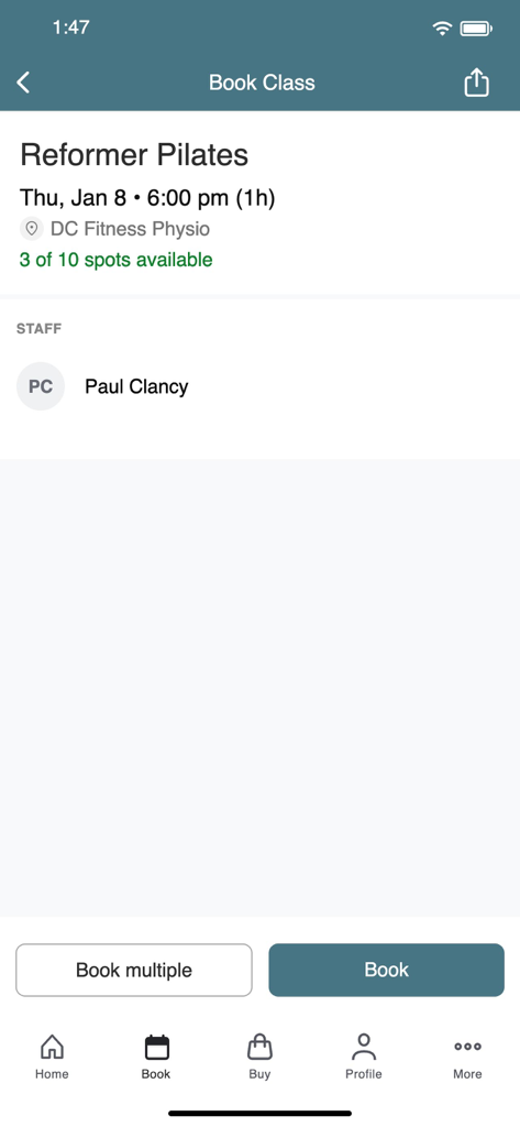 DC Fitness Physio - Capture d'écran d'une application mobile montrant la page de réservation d'un cours de Reformer Pilates chez DC Fitness Physio.