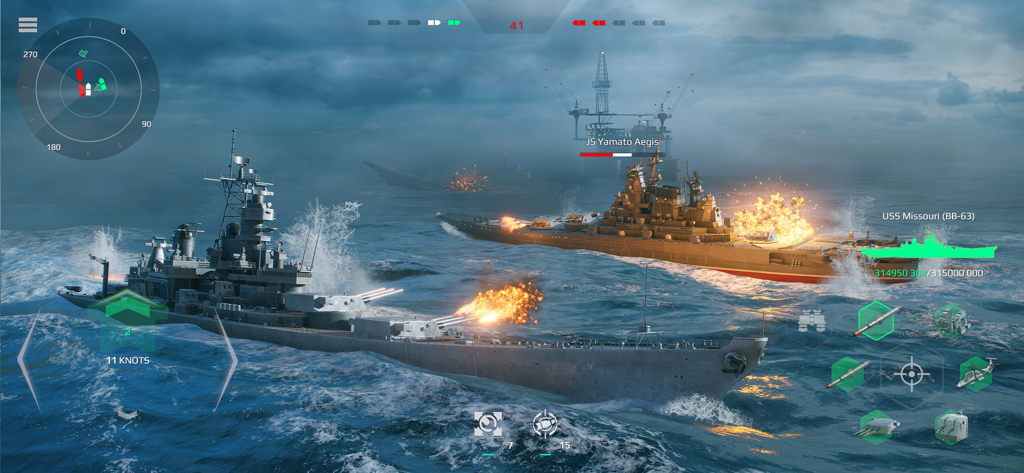 Modern Warships: Naval Battles - Naval battle gameplay in Modern Warships showing realistic warships engaging in combat with fire and explosions.