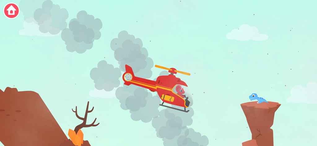 A pink dinosaur piloting a red helicopter to rescue a small blue dinosaur from a rocky cliff.