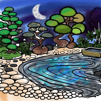 a serene zen garden with raked gravel, bonsai trees, and tranquil ponds