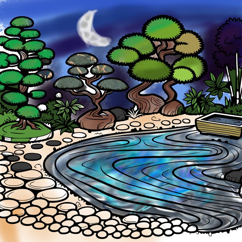 a serene zen garden with raked gravel, bonsai trees, and tranquil ponds