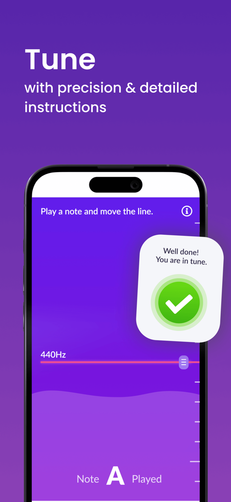 Clarinet tuning feature in the tonestro app showing a note in tune with a checkmark