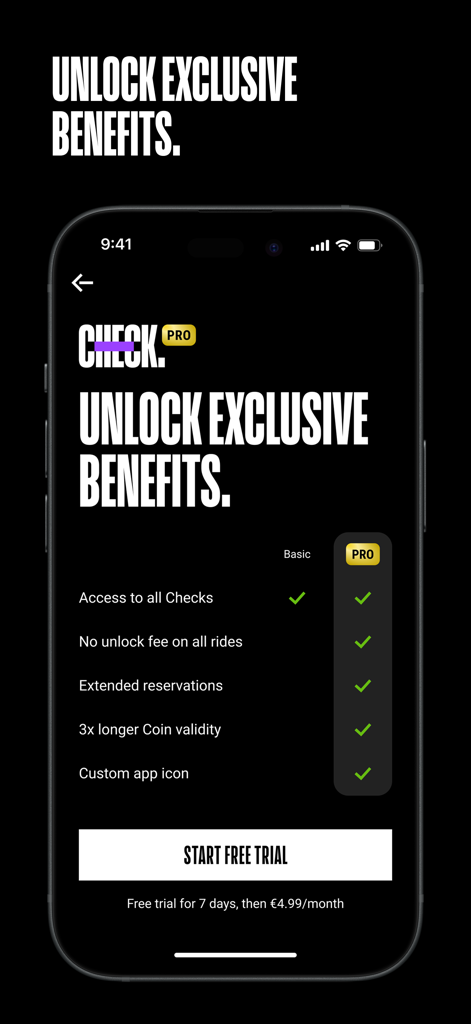 A comparison screen in the Check shared mobility app showing exclusive benefits of the Pro subscription plan versus the Basic version.