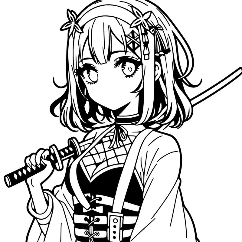 pretty manga girl with face and holding a sword in a cool pose baddie