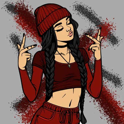 realistic teenage girl with braids and a beanie and crop top doing 🫶🏼