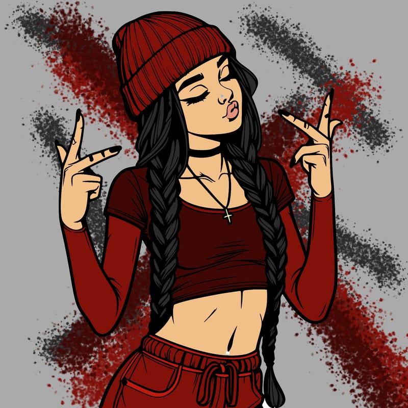 realistic teenage girl with braids and a beanie and crop top doing 🫶🏼