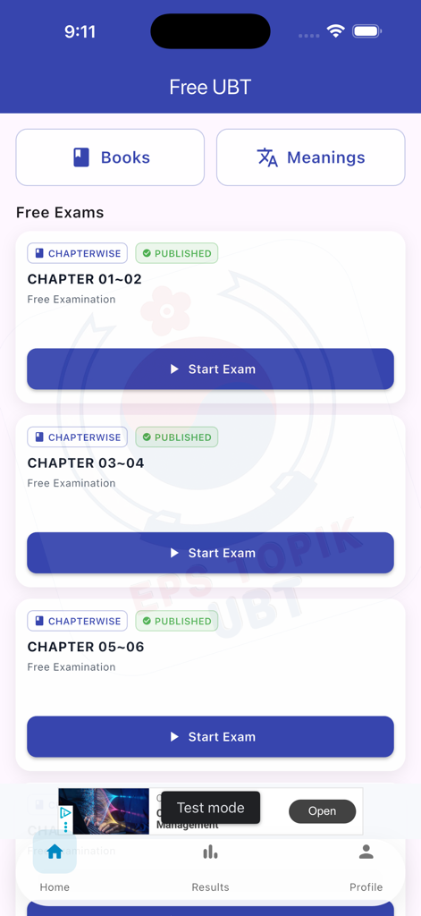 Liste kostenloser kapitelweiser koreanischer Prüfungen in der EPS TOPIK UBT Vorbereitungs-App.