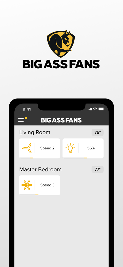 Big Ass Fans - Big Ass Fans mobile App-Dashboard mit Lüftergeschwindigkeit und Lichteinstellungen für verschiedene Räume