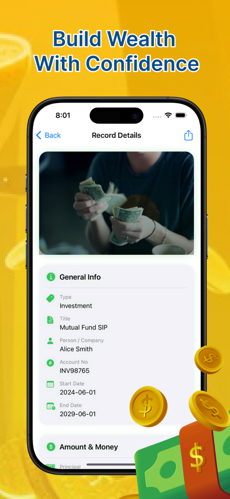 Money Spend Easy Log - Smartphone screen of Money Spend Easy Log app showing detailed investment record for a mutual fund SIP.