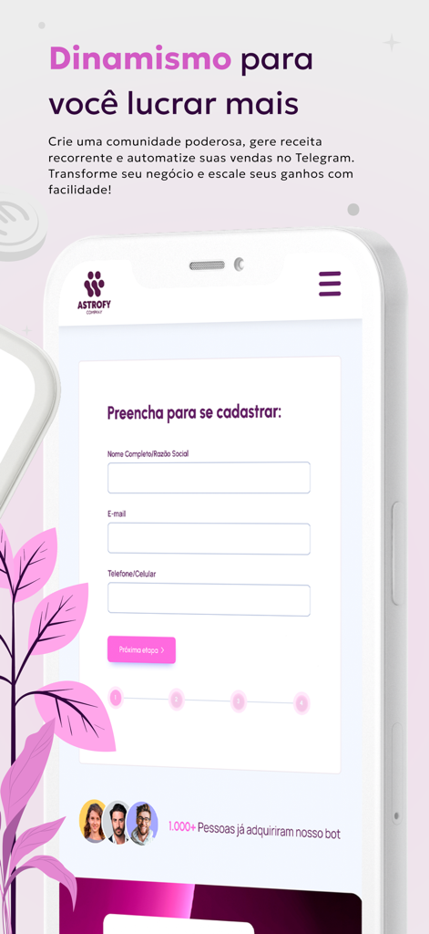 Astrofy - Tela de registro do aplicativo móvel Astrofy para gerenciamento de comunidade Telegram e automação de vendas