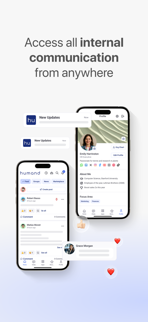 Humand - Humand app screens showing a social feed for internal communication and an employee profile page on two smartphones.