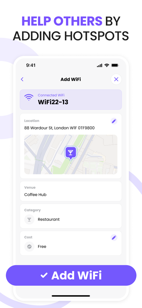 Interface of the Purple app showing how to add a new WiFi hotspot to help the community