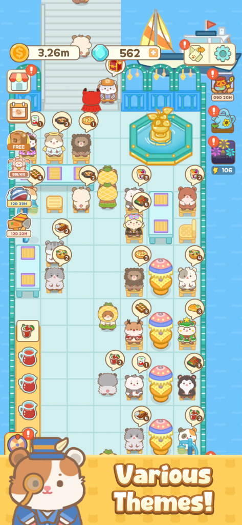 Ham's Kitchen : Cute Food Game - Personagens hamsters em fantasias fofas jantando em um restaurante temático de resort