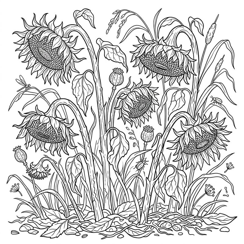 Discover the serene beauty of late summer with this captivating coloring page featuring graceful wilting sunflowers. This intricate design invites you to appreciate nature's cycle and the charm of drying botanicals.